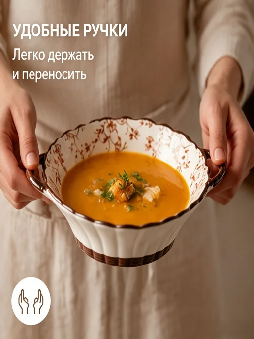 Керамическая миска с ручками, 600 мл, слоновая кость, 600 мл, фото 3