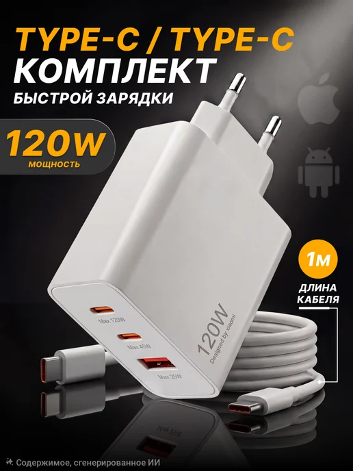 Быстрая зарядка Type-C c блоком для айфон, андройд 120 W, 120 Вт